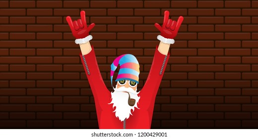 vector DJ rock n roll santa claus with smoking pipe, santa beard and funky hat isolated on brick wall horizontal banner background. Horizontal Christmas hipster party poster
