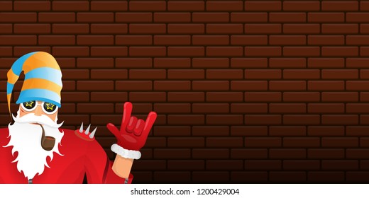 vector DJ rock n roll santa claus with smoking pipe, santa beard and funky hat isolated on brick wall horizontal banner background. Horizontal Christmas hipster party poster
