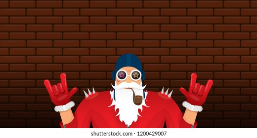 vector DJ rock n roll santa claus with smoking pipe, santa beard and funky hat isolated on brick wall horizontal banner background. Horizontal Christmas hipster party poster