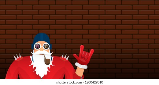 vector DJ rock n roll santa claus with smoking pipe, santa beard and funky hat isolated on brick wall horizontal banner background. Horizontal Christmas hipster party poster