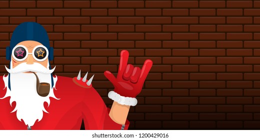 vector DJ rock n roll santa claus with smoking pipe, santa beard and funky hat isolated on brick wall horizontal banner background. Horizontal Christmas hipster party poster