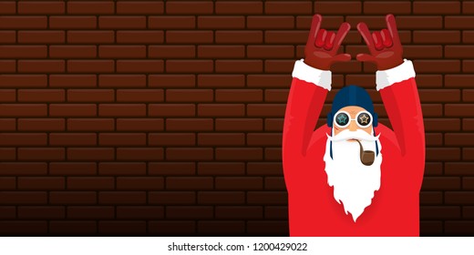 vector DJ rock n roll santa claus with smoking pipe, santa beard and funky hat isolated on brick wall horizontal banner background. Horizontal Christmas hipster party poster