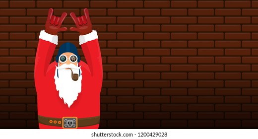 vector DJ rock n roll santa claus with smoking pipe, santa beard and funky hat isolated on brick wall horizontal banner background. Horizontal Christmas hipster party poster