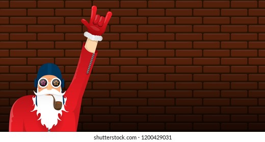 vector DJ rock n roll santa claus with smoking pipe, santa beard and funky hat isolated on brick wall horizontal banner background. Horizontal Christmas hipster party poster