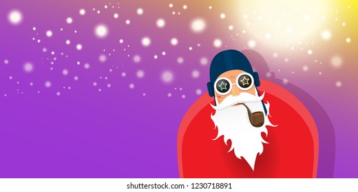 vector DJ rock n roll santa claus with smoking pipe, santa beard and funky hat isolated on violet horizontal banner background with xmas stars and lights. Horizontal Christmas hipster party poster