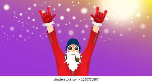 vector DJ rock n roll santa claus with smoking pipe, santa beard and funky hat isolated on violet horizontal banner background with xmas stars and lights. Horizontal Christmas hipster party poster