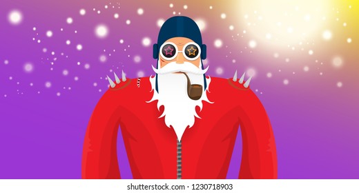 vector DJ rock n roll santa claus with smoking pipe, santa beard and funky hat isolated on violet horizontal banner background with xmas stars and lights. Horizontal Christmas hipster party poster
