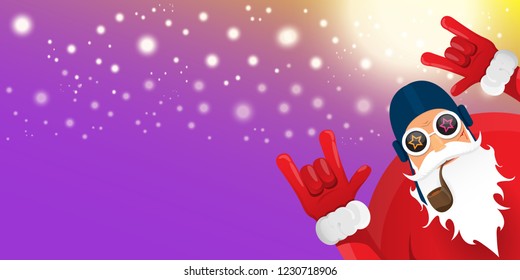 vector DJ rock n roll santa claus with smoking pipe, santa beard and funky hat isolated on violet horizontal banner background with xmas stars and lights. Horizontal Christmas hipster party poster
