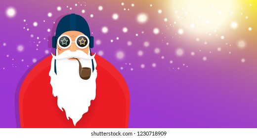 vector DJ rock n roll santa claus with smoking pipe, santa beard and funky hat isolated on violet horizontal banner background with xmas stars and lights. Horizontal Christmas hipster party poster