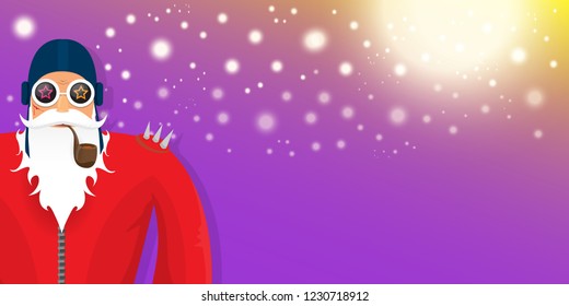 vector DJ rock n roll santa claus with smoking pipe, santa beard and funky hat isolated on violet horizontal banner background with xmas stars and lights. Horizontal Christmas hipster party poster