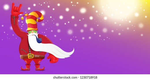 vector DJ rock n roll santa claus with smoking pipe, santa beard and funky hat isolated on violet horizontal banner background with xmas stars and lights. Horizontal Christmas hipster party poster