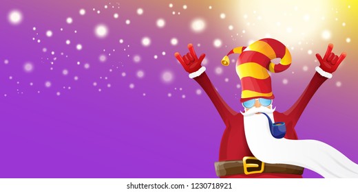 vector DJ rock n roll santa claus with smoking pipe, santa beard and funky hat isolated on violet horizontal banner background with xmas stars and lights. Horizontal Christmas hipster party poster