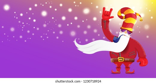 vector DJ rock n roll santa claus with smoking pipe, santa beard and funky hat isolated on violet horizontal banner background with xmas stars and lights. Horizontal Christmas hipster party poster
