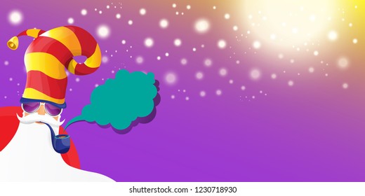 vector DJ rock n roll santa claus with smoking pipe, santa beard and funky hat isolated on violet horizontal banner background with xmas stars and lights. Horizontal Christmas hipster party poster