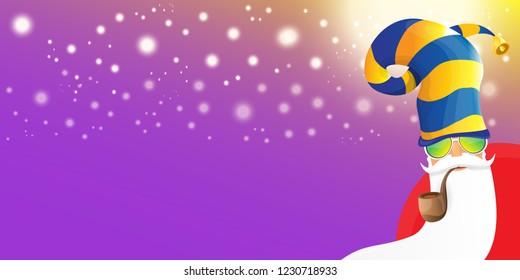 vector DJ rock n roll santa claus with smoking pipe, santa beard and funky hat isolated on violet horizontal banner background with xmas stars and lights. Horizontal Christmas hipster party poster