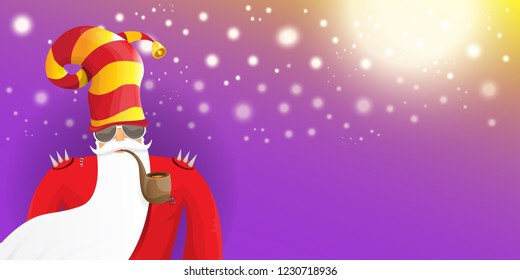 vector DJ rock n roll santa claus with smoking pipe, santa beard and funky hat isolated on violet horizontal banner background with xmas stars and lights. Horizontal Christmas hipster party poster