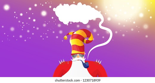 vector DJ rock n roll santa claus with smoking pipe, santa beard and funky hat isolated on violet horizontal banner background with xmas stars and lights. Horizontal Christmas hipster party poster