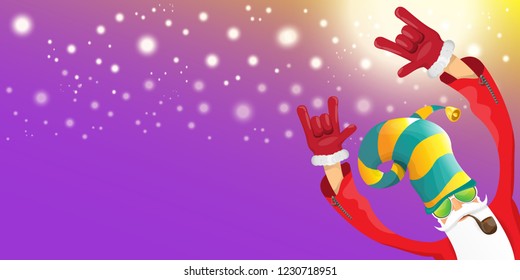vector DJ rock n roll santa claus with smoking pipe, santa beard and funky hat isolated on violet horizontal banner background with xmas stars and lights. Horizontal Christmas hipster party poster