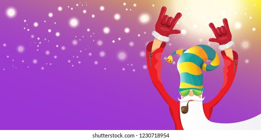 vector DJ rock n roll santa claus with smoking pipe, santa beard and funky hat isolated on violet horizontal banner background with xmas stars and lights. Horizontal Christmas hipster party poster
