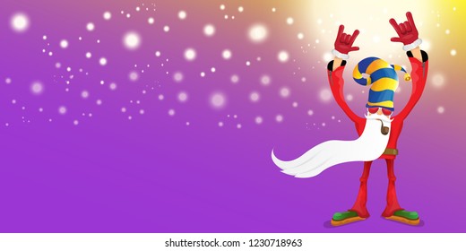 vector DJ rock n roll santa claus with smoking pipe, santa beard and funky hat isolated on violet horizontal banner background with xmas stars and lights. Horizontal Christmas hipster party poster