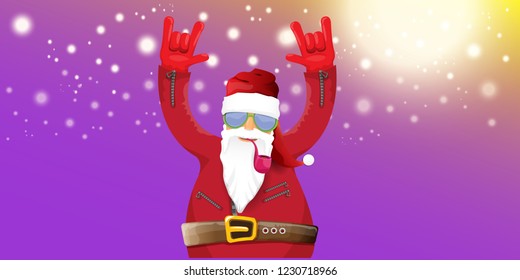 vector DJ rock n roll santa claus with smoking pipe, santa beard and funky hat isolated on violet horizontal banner background with xmas stars and lights. Horizontal Christmas hipster party poster