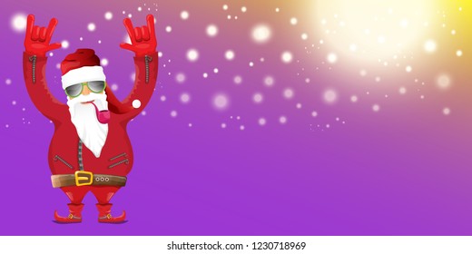 vector DJ rock n roll santa claus with smoking pipe, santa beard and funky hat isolated on violet horizontal banner background with xmas stars and lights. Horizontal Christmas hipster party poster