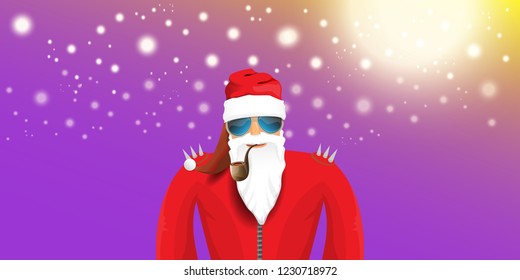 vector DJ rock n roll santa claus with smoking pipe, santa beard and funky hat isolated on violet horizontal banner background with xmas stars and lights. Horizontal Christmas hipster party poster