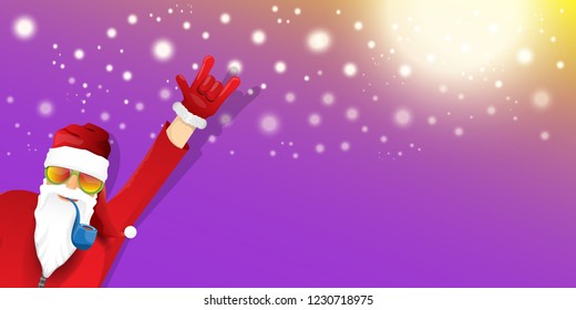 vector DJ rock n roll santa claus with smoking pipe, santa beard and funky hat isolated on violet horizontal banner background with xmas stars and lights. Horizontal Christmas hipster party poster