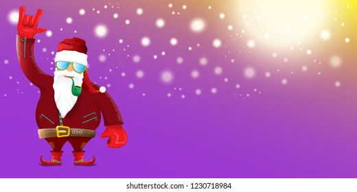 vector DJ rock n roll santa claus with smoking pipe, santa beard and funky hat isolated on violet horizontal banner background with xmas stars and lights. Horizontal Christmas hipster party poster