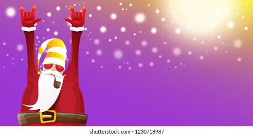 vector DJ rock n roll santa claus with smoking pipe, santa beard and funky hat isolated on violet horizontal banner background with xmas stars and lights. Horizontal Christmas hipster party poster