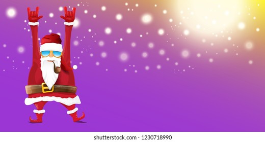 vector DJ rock n roll santa claus with smoking pipe, santa beard and funky hat isolated on violet horizontal banner background with xmas stars and lights. Horizontal Christmas hipster party poster