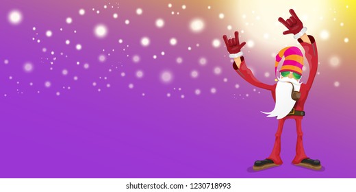 vector DJ rock n roll santa claus with smoking pipe, santa beard and funky hat isolated on violet horizontal banner background with xmas stars and lights. Horizontal Christmas hipster party poster