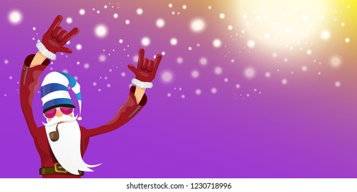 vector DJ rock n roll santa claus with smoking pipe, santa beard and funky hat isolated on violet horizontal banner background with xmas stars and lights. Horizontal Christmas hipster party poster