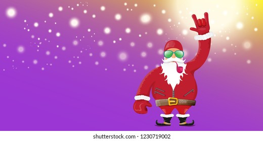 vector DJ rock n roll santa claus with smoking pipe, santa beard and funky hat isolated on violet horizontal banner background with xmas stars and lights. Horizontal Christmas hipster party poster