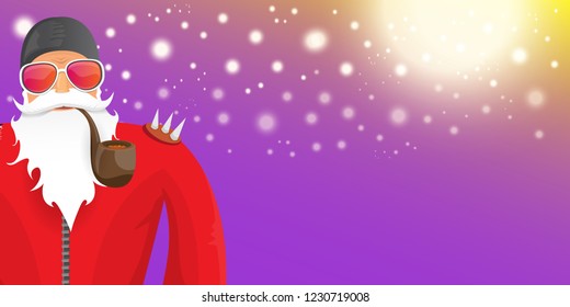 vector DJ rock n roll santa claus with smoking pipe, santa beard and funky hat isolated on violet horizontal banner background with xmas stars and lights. Horizontal Christmas hipster party poster