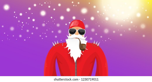 vector DJ rock n roll santa claus with smoking pipe, santa beard and funky hat isolated on violet horizontal banner background with xmas stars and lights. Horizontal Christmas hipster party poster