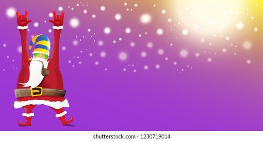 vector DJ rock n roll santa claus with smoking pipe, santa beard and funky hat isolated on violet horizontal banner background with xmas stars and lights. Horizontal Christmas hipster party poster