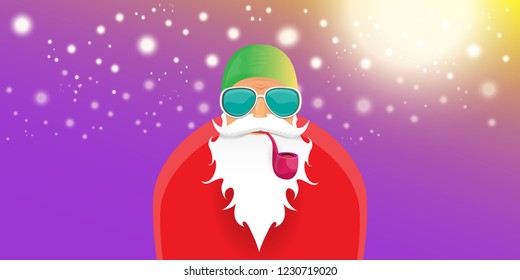 vector DJ rock n roll santa claus with smoking pipe, santa beard and funky hat isolated on violet horizontal banner background with xmas stars and lights. Horizontal Christmas hipster party poster