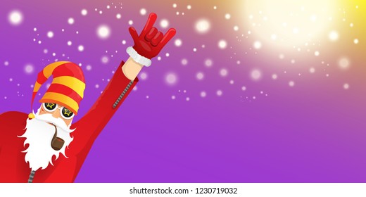 vector DJ rock n roll santa claus with smoking pipe, santa beard and funky hat isolated on violet horizontal banner background with xmas stars and lights. Horizontal Christmas hipster party poster