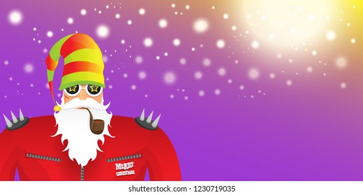 vector DJ rock n roll santa claus with smoking pipe, santa beard and funky hat isolated on violet horizontal banner background with xmas stars and lights. Horizontal Christmas hipster party poster