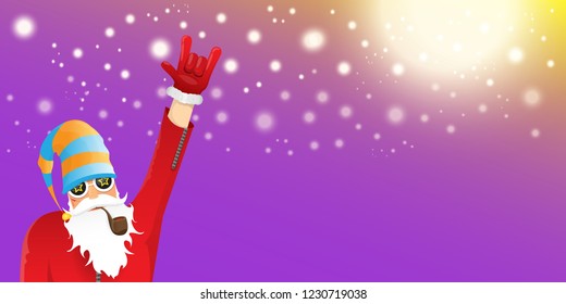 vector DJ rock n roll santa claus with smoking pipe, santa beard and funky hat isolated on violet horizontal banner background with xmas stars and lights. Horizontal Christmas hipster party poster