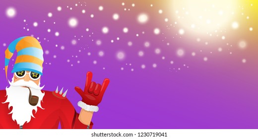 vector DJ rock n roll santa claus with smoking pipe, santa beard and funky hat isolated on violet horizontal banner background with xmas stars and lights. Horizontal Christmas hipster party poster