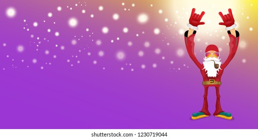 vector DJ rock n roll santa claus with smoking pipe, santa beard and funky hat isolated on violet horizontal banner background with xmas stars and lights. Horizontal Christmas hipster party poster