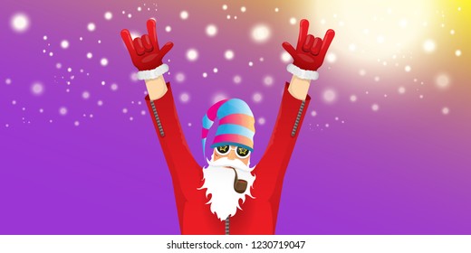 vector DJ rock n roll santa claus with smoking pipe, santa beard and funky hat isolated on violet horizontal banner background with xmas stars and lights. Horizontal Christmas hipster party poster