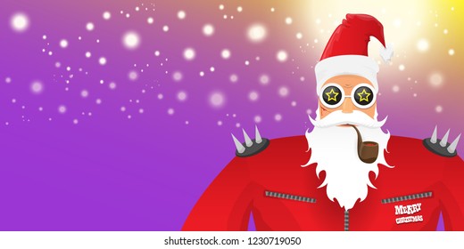 vector DJ rock n roll santa claus with smoking pipe, santa beard and funky hat isolated on violet horizontal banner background with xmas stars and lights. Horizontal Christmas hipster party poster