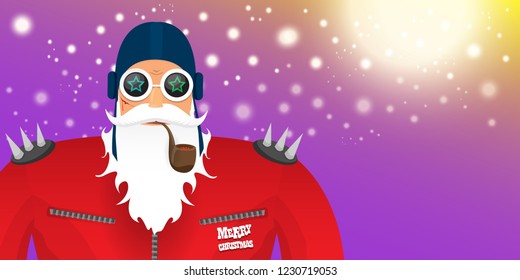 vector DJ rock n roll santa claus with smoking pipe, santa beard and funky hat isolated on violet horizontal banner background with xmas stars and lights. Horizontal Christmas hipster party poster