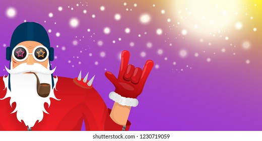 vector DJ rock n roll santa claus with smoking pipe, santa beard and funky hat isolated on violet horizontal banner background with xmas stars and lights. Horizontal Christmas hipster party poster