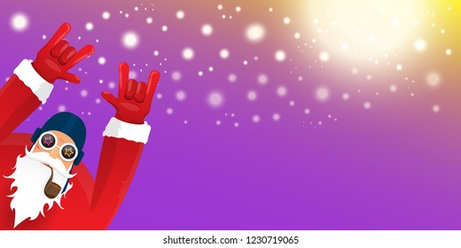 vector DJ rock n roll santa claus with smoking pipe, santa beard and funky hat isolated on violet horizontal banner background with xmas stars and lights. Horizontal Christmas hipster party poster