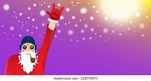 vector DJ rock n roll santa claus with smoking pipe, santa beard and funky hat isolated on violet horizontal banner background with xmas stars and lights. Horizontal Christmas hipster party poster