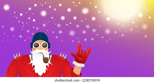 vector DJ rock n roll santa claus with smoking pipe, santa beard and funky hat isolated on violet horizontal banner background with xmas stars and lights. Horizontal Christmas hipster party poster